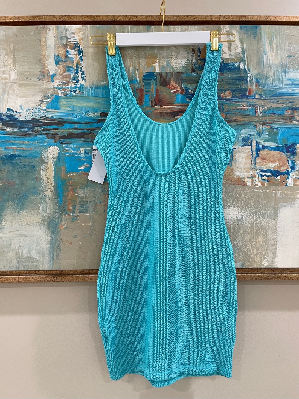 NWT turquoise low back blue mini dress scrunch Macys XS scuba Mediterranean